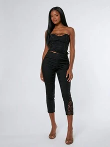 Women's High Elasticity Black 7/8 Leggings With Lace Trim Detail Summer - Black - View 2