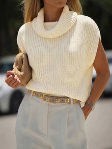 女士法式休闲纹理高领针织衫 - 米色 - 查看 3