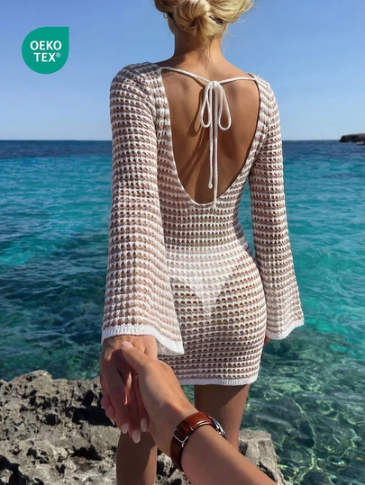 女式欧式条纹镂空透视沙滩露背长袖迷你连衣裙，春夏