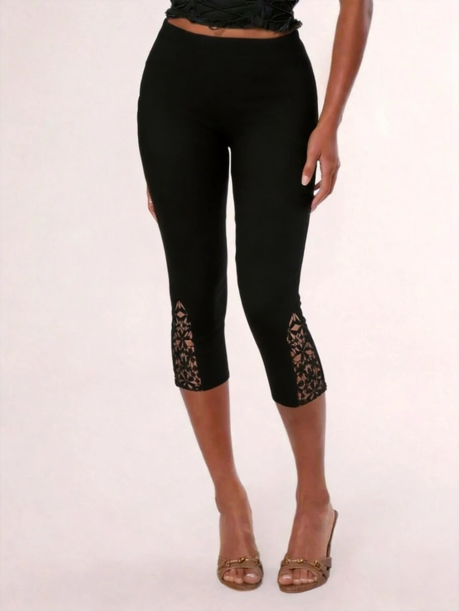 Women's High Elasticity Black 7/8 Leggings With Lace Trim Detail Summer - Black - View 1