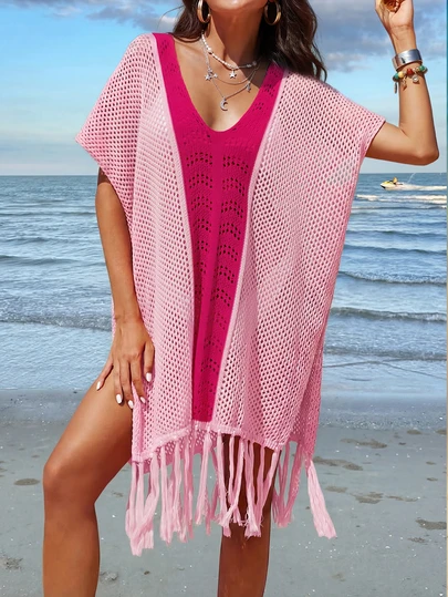 女士V领撞色流苏休闲度假罩衫连衣裙