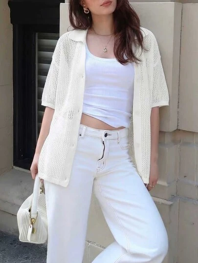 Women's Casual Chic Polo Neck Solid Color Hollow Out Long Cardigan, Loose Fit With Letter Patches, Elegant Summer Essential 2026 New Arrival White