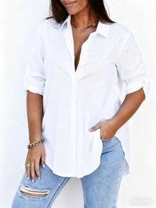 Camisa de manga corta con botones delanteros y cuello para mujer de talla grande, color blanco primaveral - Blanco - Ver 1
