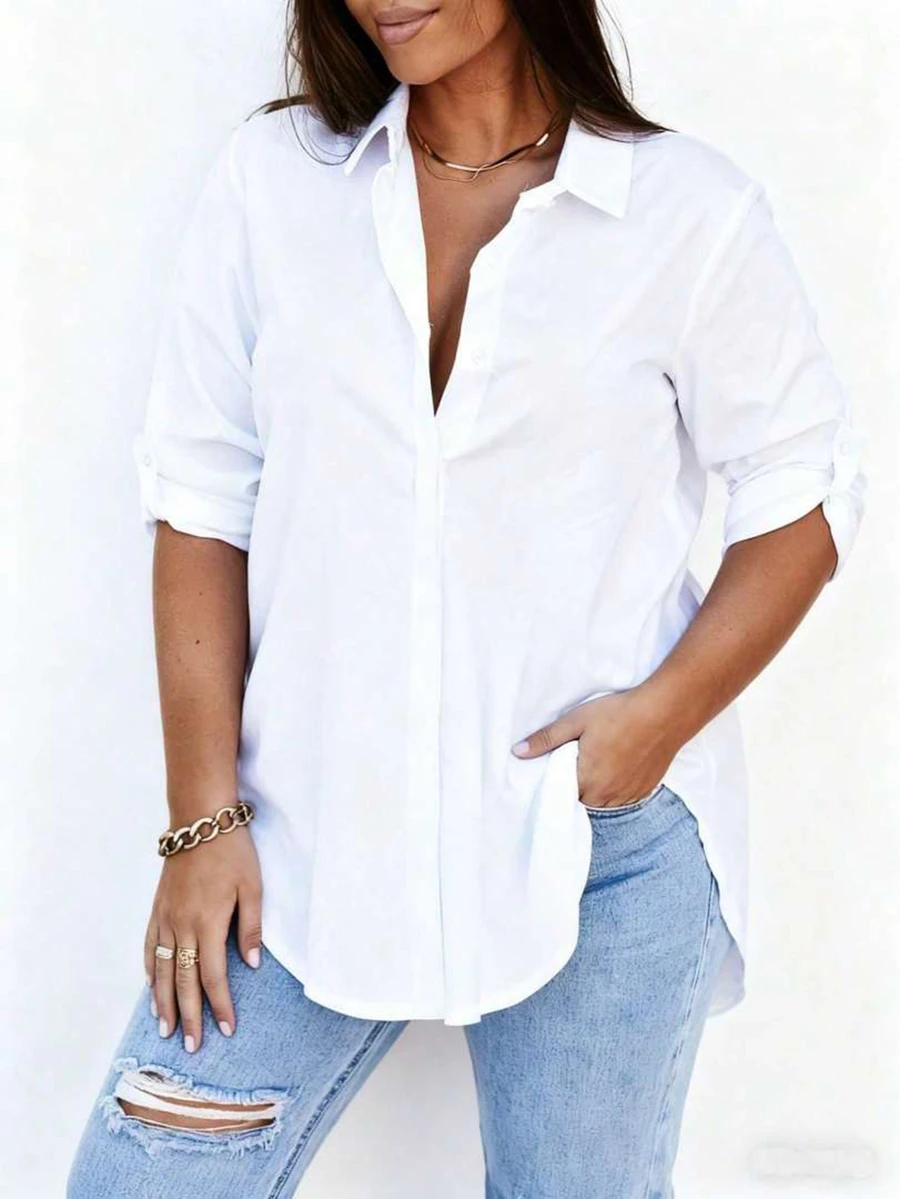 Camisa de manga corta con botones delanteros y cuello para mujer de talla grande, color blanco primaveral - Blanco - Ver 1