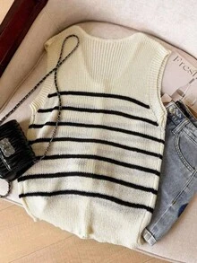 Women's Casual Elegant Striped Round Neck Button Sleeveless Knit Cardigan Top - Apricot - View 2