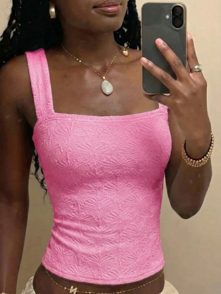Women's Sexy Fitted Knit Square Neck Top, White Knit Jacquard Textured Fabric Tank Top, Fitted Regular Summer Women's Solid Color Tank Top Pink Casual - Pink - View 1