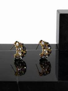 CHICVUE 1pair Unique Retro-Inspired Elegant Glass Inlay Hoop Earrings For Women, Luxury European Style - Yellow Gold - View 1