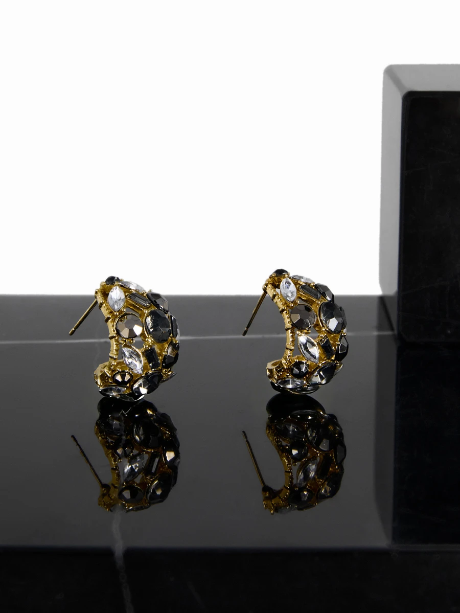 CHICVUE 1pair Unique Retro-Inspired Elegant Glass Inlay Hoop Earrings For Women, Luxury European Style - Yellow Gold - View 1