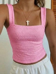 Women's Sexy Fitted Knit Square Neck Top, White Knit Jacquard Textured Fabric Tank Top, Fitted Regular Summer Women's Solid Color Tank Top Pink Casual - Pink - View 2