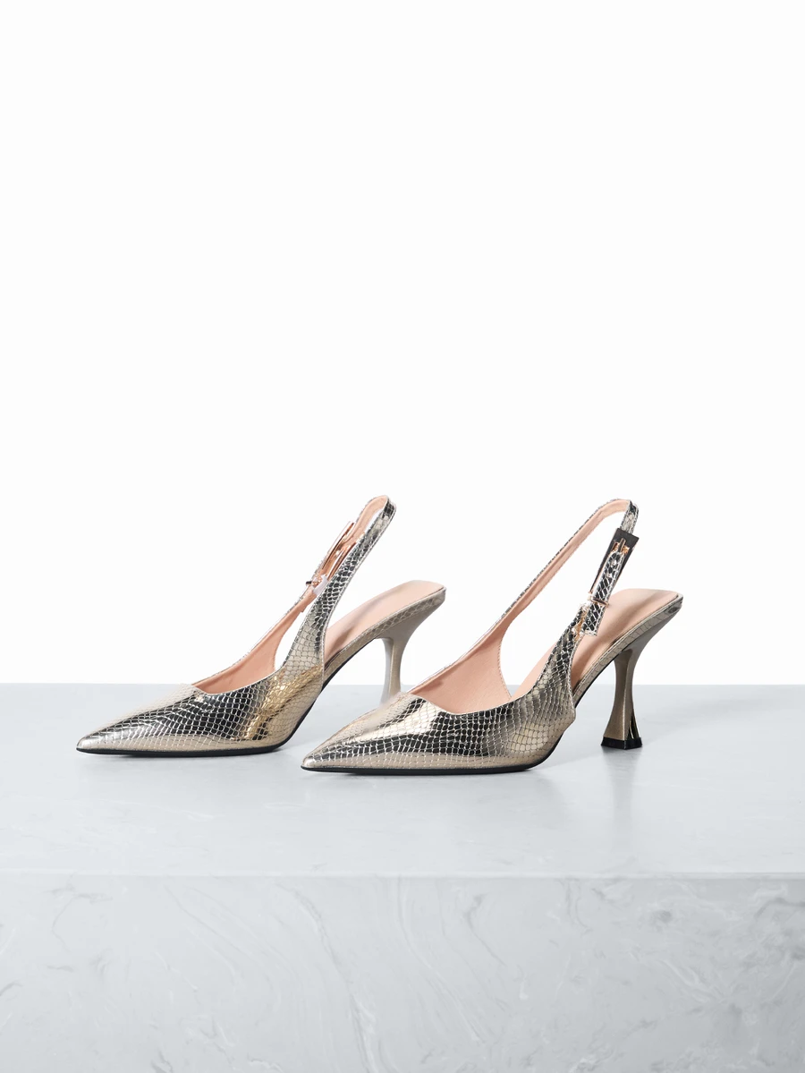 CHICVUE Women's Metal Buckle Snake Print Pointed Toe Mule Slingback High Heel Shoes, Fashion Comfortable Slingback Party Dress Sandals, Suitable For Autumn/Winter, Gold Color, Kitten Heels, Elegant, Women Pumps,Elegant - Gold - View 1