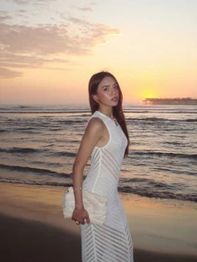 Đầm dài dệt kim không tay cổ tròn dành cho nữ, kiểu dáng gợi cảm, thanh lịch, hơi xuyên thấu, thích hợp cho kỳ nghỉ biển hàng ngày và mùa hè. - trắng - Xem 6