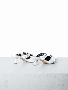 CHICVUE 2025秋冬新款女士时尚尖头穆勒鞋，白色，优雅，女士浅口鞋，猫跟鞋，双扣带设计，一脚蹬高跟鞋 - 白色 - 查看 3