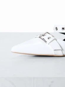 CHICVUE 2025秋冬新款女士时尚尖头穆勒鞋，白色，优雅，女士浅口鞋，猫跟鞋，双扣带设计，一脚蹬高跟鞋 - 白色 - 查看 4