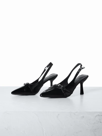 CHICVUE Women's Kitten Heel Pointed Toe Pumps, Black Patent Leather Stiletto High Heel Bridal Wedding Guest Shoes, Buckle Strap Delicate Elegant Backstrap Sandals