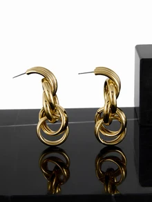 CHICVUE 1 Pair Fashionable, Stylish And Minimalist Geometric Circle Earrings, Suitable For Daily Wear - Yellow Gold - View 4