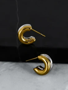 CHICVUE 2pcs Stainless Steel 18K Gold Plated C-Shaped Earrings Gift For Women - Type C - View 4