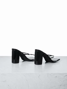 CHICVUE 春夏女士黑色高跟鞋，方头粗跟透明绑带性感高跟凉鞋，柔软皮革，修身显瘦，时尚百搭，舒适 - 黑色 - 查看 3