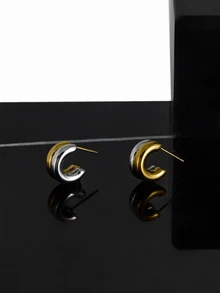 CHICVUE 2pcs Stainless Steel 18K Gold Plated C-Shaped Earrings Gift For Women - Type C - View 2