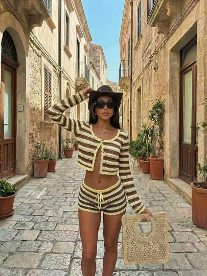 Women's New Striped Contrast Color Front Button Hollow Out Beach 2 Pieces Set Spring