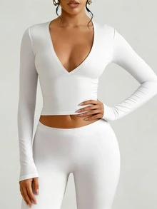 Fyxelle Women's V-Neck Long Sleeve Slim Fit Blouse, Casual And Versatile For Spring/Summer - White - View 2