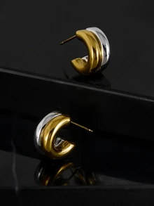 CHICVUE 2pcs Stainless Steel 18K Gold Plated C-Shaped Earrings Gift For Women - Type C - View 5