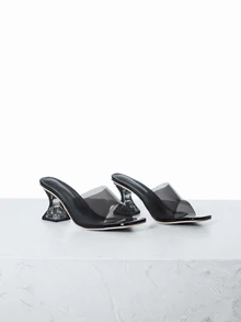 CHICVUE 女士夏季新款高跟拖鞋，优雅透明高跟凉鞋，时尚不对称水晶高跟凉鞋，适合晚会、派对、婚礼、办公室等场合，搭配女装 - 黑色 - 查看 3