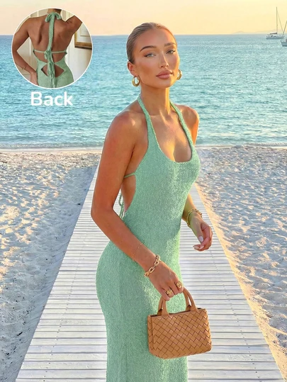 FOR BEAUTY Women's Summer New Knitted Dress, Green Sleeveless Camisole Dress, Beach Vacation Casual Style, Vacation, Bohemian, Sexy Dress, Women's Coverup, Summer Dress, Women's Party Dress