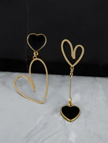 CHICVUE 1 Pair Of Chic Asymmetric Metal Heart Pendant Earrings, Gift For Birthday, Anniversary, Date - Black - View 1
