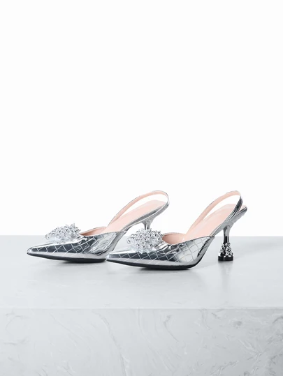 CHICVUE 2025秋冬季女士魅力银色高跟鞋，金属鳄鱼纹压花串珠装饰尖头金字塔跟露跟高跟鞋，优雅，适合派对装扮，尖头高跟鞋