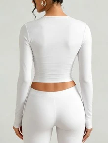 Fyxelle Women's V-Neck Long Sleeve Slim Fit Blouse, Casual And Versatile For Spring/Summer - White - View 4