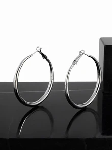 CHICVUE 1pair Simple Luxury Fashionable Round Plain Earrings For Women's Daily Wear - Silver - View 2