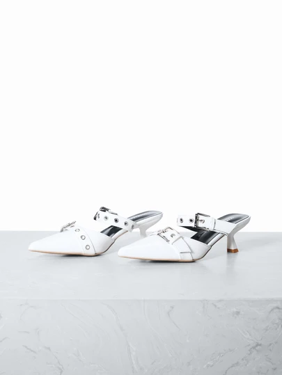 CHICVUE Herbst/Winter 2025 Damen Mode Spitze Zehen Mule Slip-On High Heel Schuhe mit Doppel-Schnallen-Riemen, Weiß, Elegant, Damen Pumps, Kitten Absätze