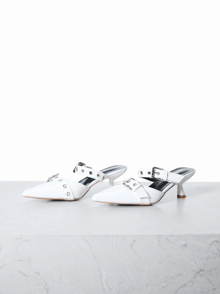 CHICVUE 2025秋冬新款女士时尚尖头穆勒鞋，白色，优雅，女士浅口鞋，猫跟鞋，双扣带设计，一脚蹬高跟鞋 - 白色 - 查看 1