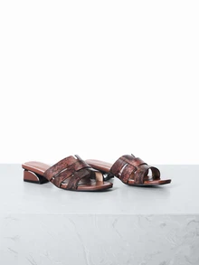 CHICVUE 高跟凉鞋，蛇皮纹理粗跟舒适圆头休闲一脚蹬低跟凉鞋 - 咖啡棕 - 查看 2