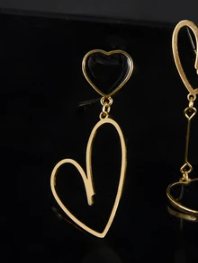 CHICVUE 1 Pair Of Chic Asymmetric Metal Heart Pendant Earrings, Gift For Birthday, Anniversary, Date - Black - View 4