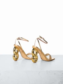 CHICVUE 11 厘米女式高跟鞋，夏季踝带新款高跟凉鞋，女士不对称鞋跟金色高跟凉鞋，带玻璃水钻，金属材质尖头性感派对风格鞋 - 金色 - 查看 3