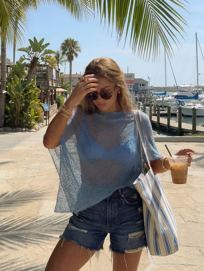 Spring/Summer New Women's Fashion Casual Lightweight Knit Blue Cover Up, Asymmetric Hem Design, Pullover Sleeveless Top, Bohemian Style, Suitable For Beach Vacation, Beach Party, Outdoor Travel, Holiday Date