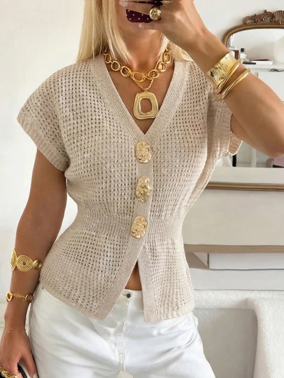 SEREN New Spring/Summer Short Sleeve Knit Sweater, Apricot V-Neck Knit Top, Commuting Elegant, Date Wear, Beach Outfit, Refined Ladies Top, Button Knit Sweater, Daily Wear, Women Beachwear