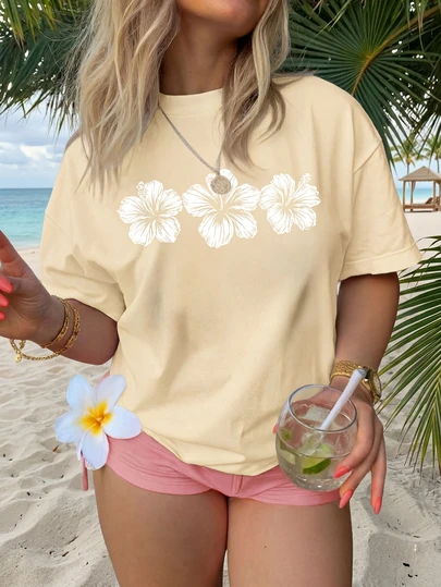 Damska luźna koszulka z krótkim rękawem i okrągłym dekoltem – nadrukowany wzór, miękka i wygodna tkanina, można prać w pralce, letnia bluzka