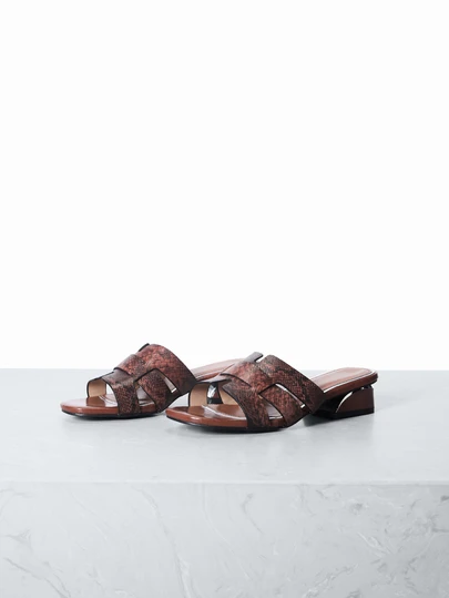 CHICVUE 高跟凉鞋，蛇皮纹理粗跟舒适圆头休闲一脚蹬低跟凉鞋