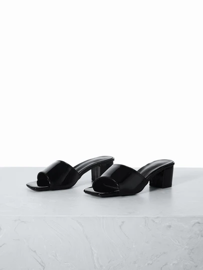 CHICVUE 2025 优雅女士黑色高跟鞋，夏季时尚优雅黑色高跟凉鞋，简约一脚蹬粗跟方头穆勒鞋，亮面女鞋