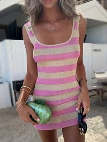 EAVA 女士条纹粉色修身休闲度假针织连衣裙，女士度假装，夏季假日装，女士休闲连衣裙，夏季连衣裙 - 粉色 - 查看 1
