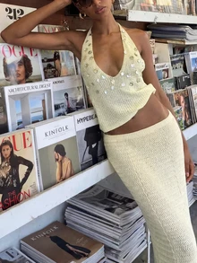 FOR BEAUTY 女士夏季新款针织杏色两件套，包含一件深V领无袖吊带背心和一条修身长裙，休闲度假风，适合海滩、假日、旅行，内含亮片上衣、女士罩衫、夏季女装春季款 - 杏色 - 查看 2