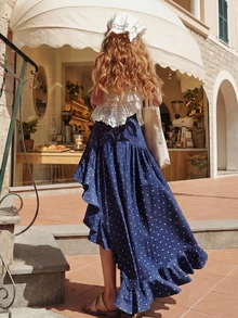 Solstice Apparel 藏蓝色波点不对称荷叶边下摆长裙，高腰侧开衩修身连衣裙，波西米亚度假风，适合日常通勤、外出和约会，春夏百搭下装 - 藍色 - 查看 2