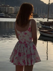 Solstice Apparel 粉色玫瑰印花方领吊带连衣裙，高腰A字迷你裙，甜美性感风格，适合日常通勤、外出和度假，百搭春夏连衣裙 - 粉色 - 查看 2