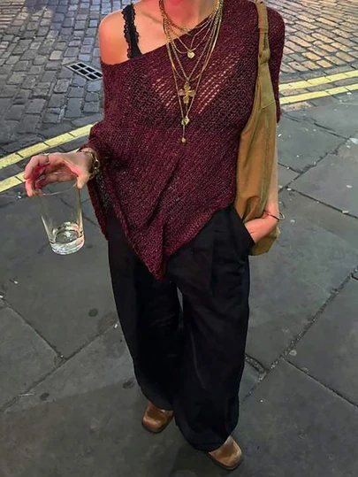 Vivid Style 女士不对称镂空休闲百搭斗篷披肩，适合度假海滩、派对等场合，兼具防晒、宽松慵懒、清爽透气等功能，针织罩衫，是户外约会、夏季海滩派对的理想之选。