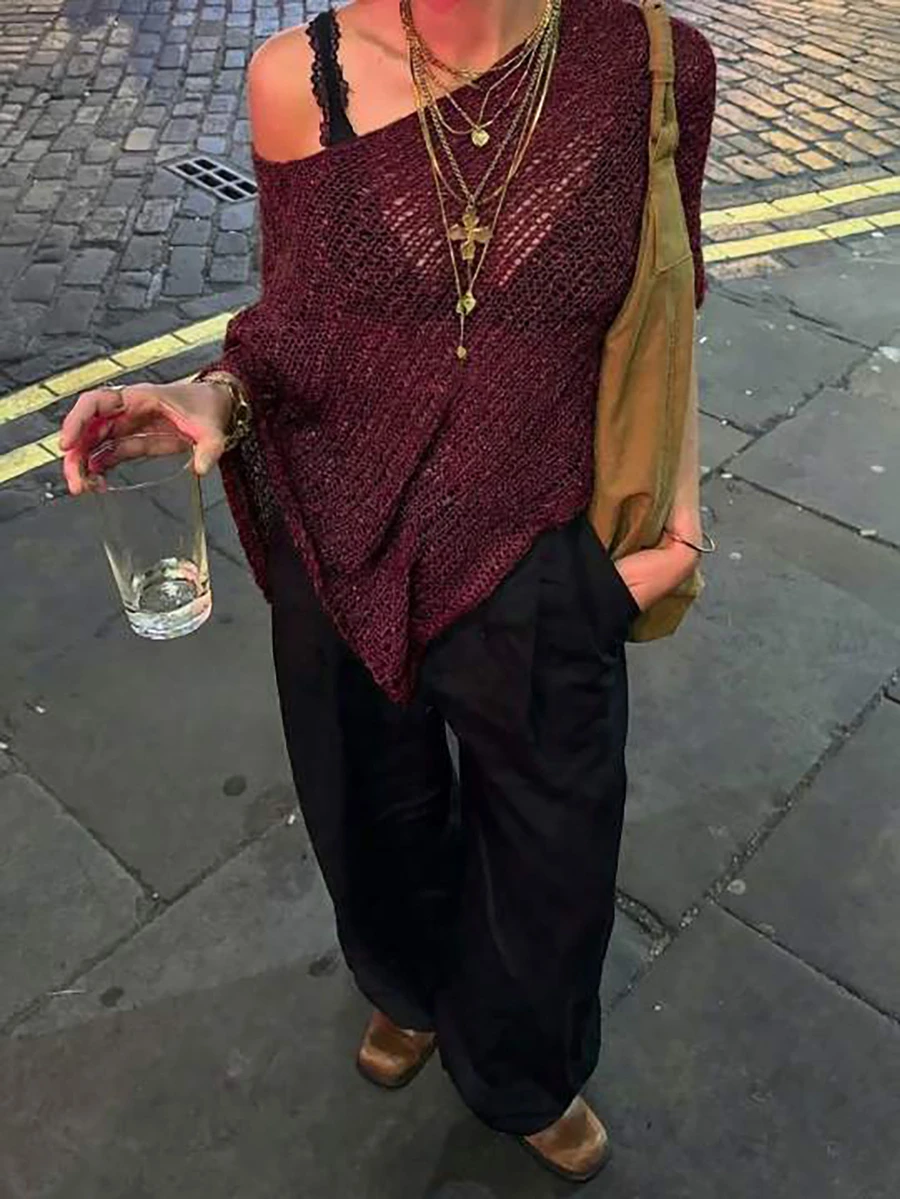 Vivid Style Women's Asymmetrical, Hollow, Casual Versatile, Vacation Beach, Party Fashion, Cape Shawl, Sun Protection, Loose Lazy, Refreshing Outerwear, Knit Cover Up, Outdoor Date Summer Outfit, Beach Party - Burgundy - View 1