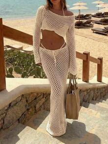 Conjunto de ropa de playa casual para mujer, top calado y falda, primavera - Albaricoque - Ver 4