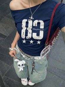 2026 Spring/Summer New Women's Slim Fit Asymmetrical Shoulder Top, Waist Cinched, Numeric Print Pattern, Korean Sexy Exposed Shoulder T-Shirt Casual - Navy Blue - View 1