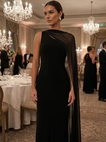 不对称领口长款礼服，配透明披肩式袖子，适合婚礼穿着。 - 黑色 - 查看 3